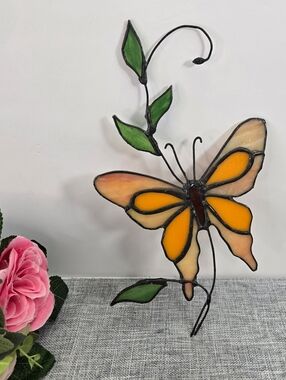 Vintage Handmade Stained Butterfly Suncatcher Window Hanging Home Decor Orange